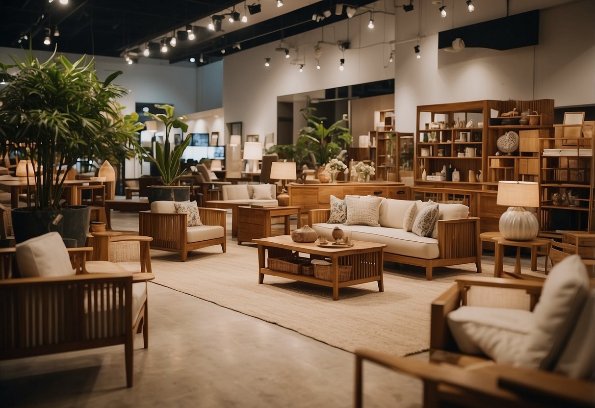 Teak furniture displayed in a showroom with price tags, surrounded by customers browsing and sales staff assisting
