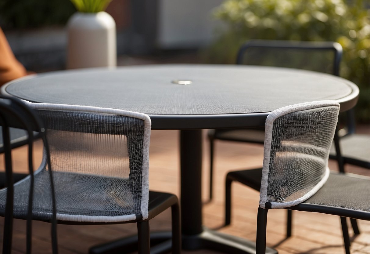 Textilene mesh draped over outdoor furniture, with FAQ text visible