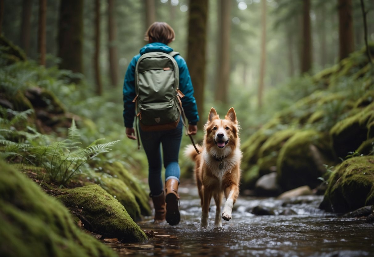 A dog wearing a backpack walks alongside its owner on a forest trail, passing by a stream and a campsite. The dog looks happy and energetic, with its tail wagging as it explores the natural surroundings