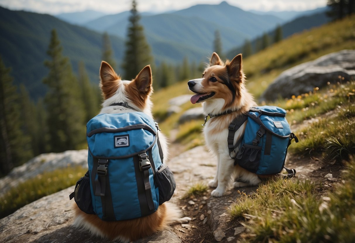 Pets wearing backpacks on a mountain trail, surrounded by safety gear and water bowls. Trail signs and scenic views in the background