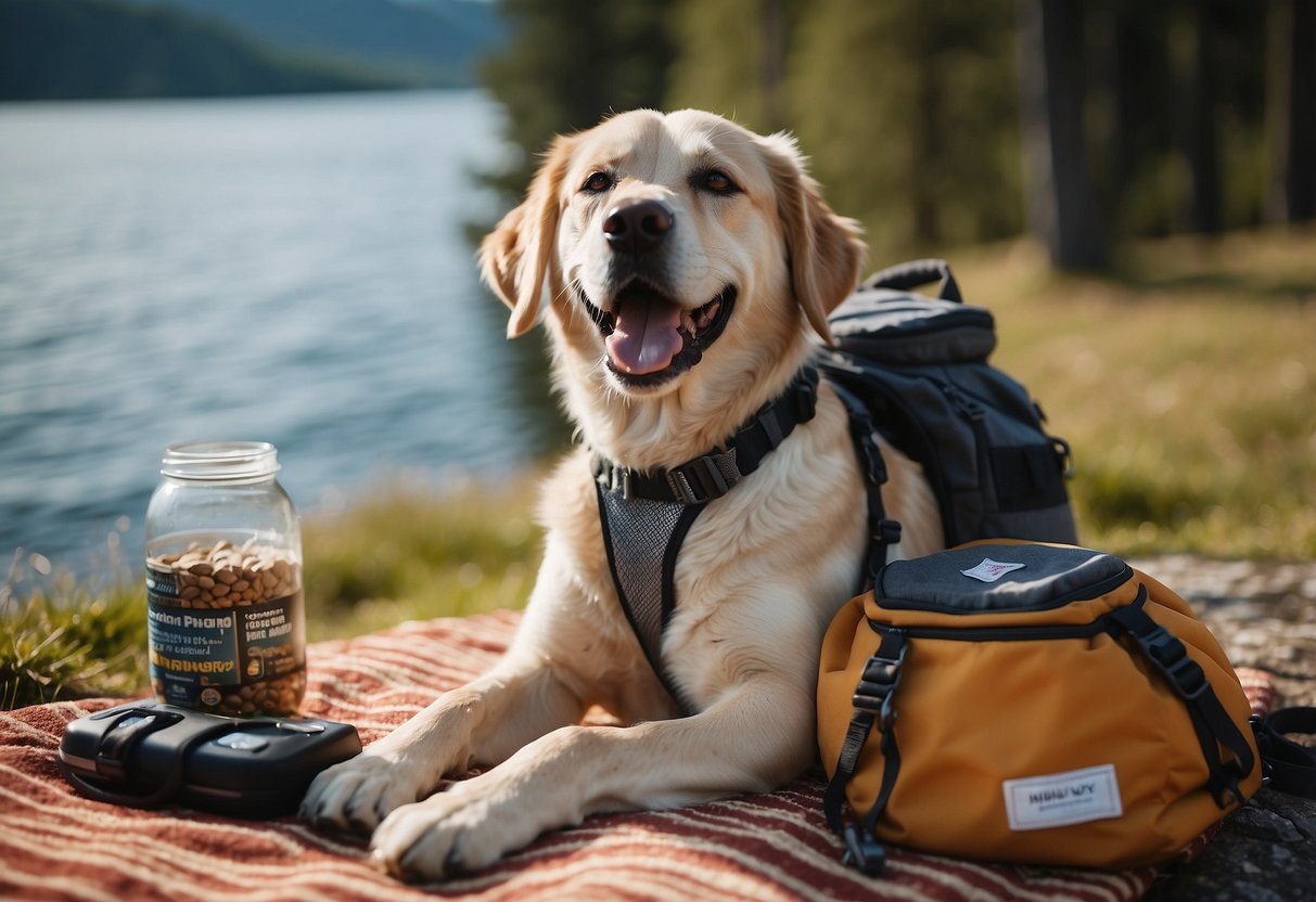 A dog lying on a cozy blanket, surrounded by a water bowl, dog food, first aid kit, and a leash. The backpack and hiking gear are neatly organized nearby