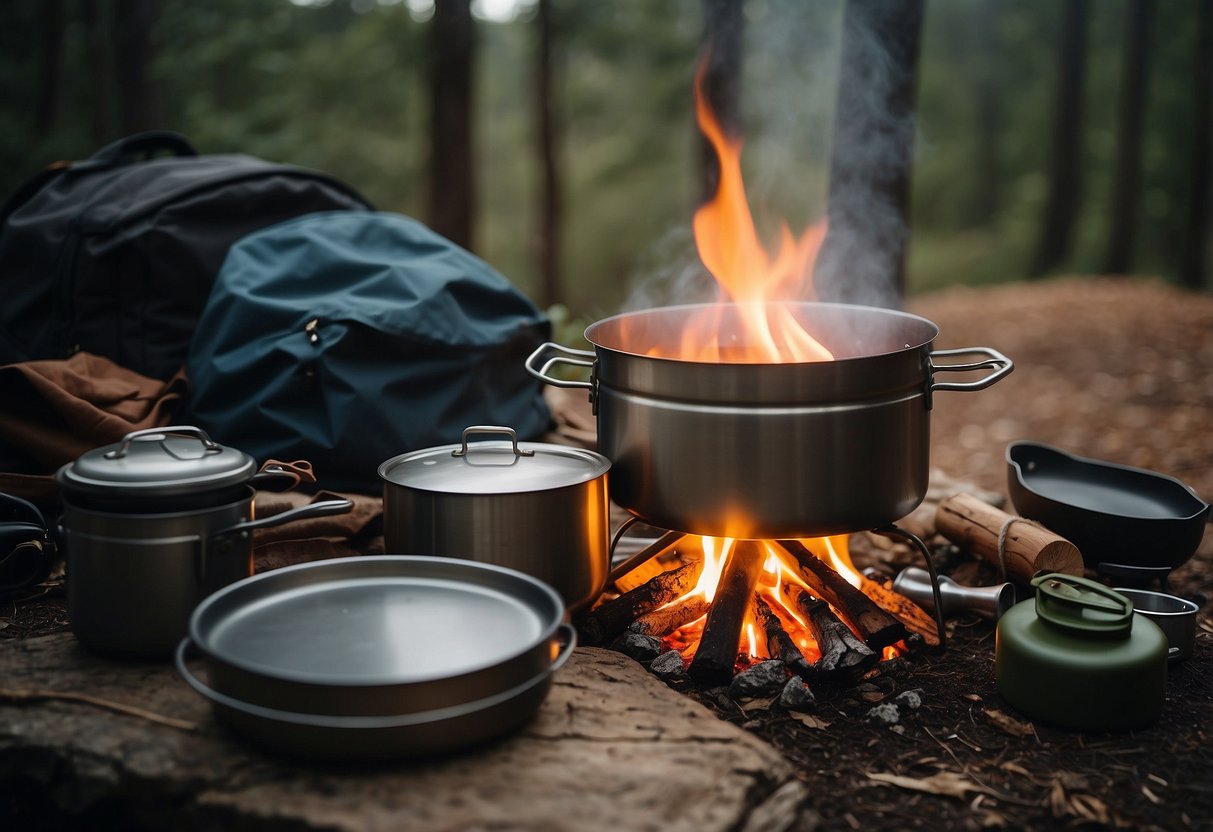 A campfire with a compact stove, titanium cookware, and utensils laid out on a lightweight table, surrounded by a backpack and hiking boots