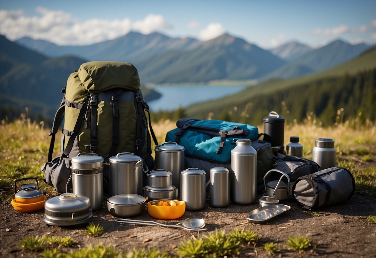 A camping scene with a backpack, lightweight cookware, and durable materials like titanium or aluminum. The gear is arranged neatly on a flat surface, ready for use