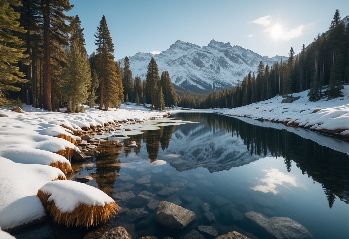 Snow-covered mountains and pine forests surround a frozen alpine lake. A winding trail leads through the serene winter landscape, with a clear blue sky overhead