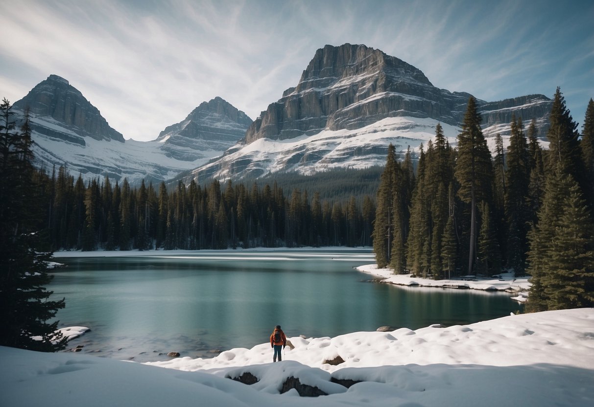 Snow-covered mountains, pine trees, and frozen lakes in Glacier National Park, Montana. A lone backpacker trekking through the winter landscape