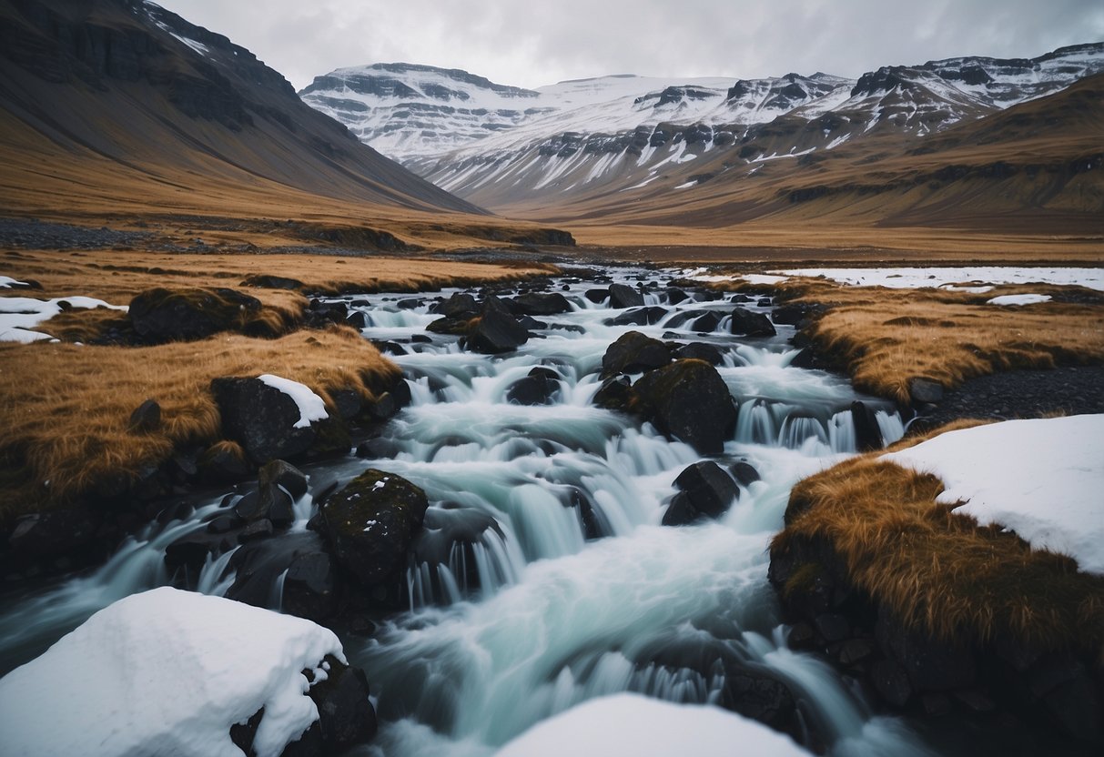 Snow-covered Laugavegur Trail winds through rugged Icelandic landscape, with icy rivers, steaming geysers, and towering mountains creating a stunning winter backpacking scene