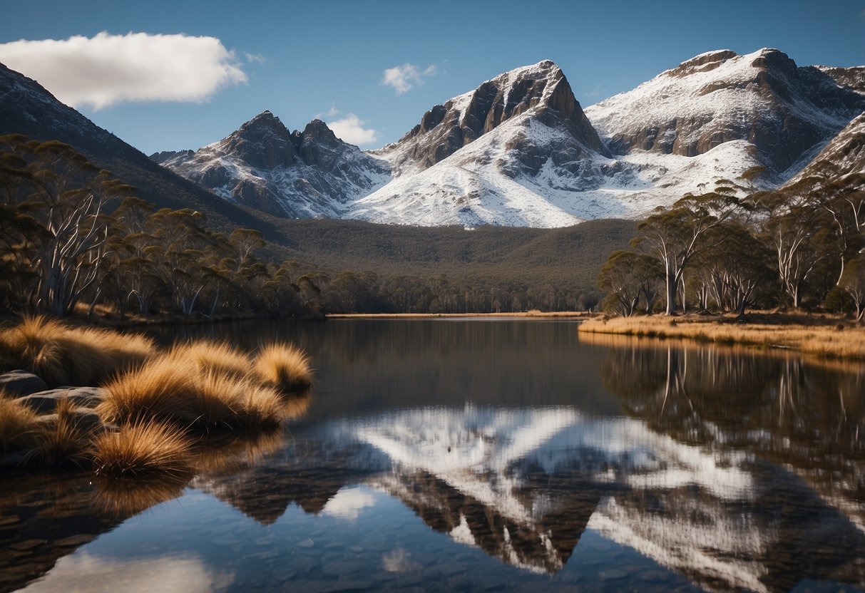 Snow-covered mountains tower over rugged wilderness. Crystal clear lakes reflect the serene beauty of Tasmania, Australia. A perfect scene for winter backpacking