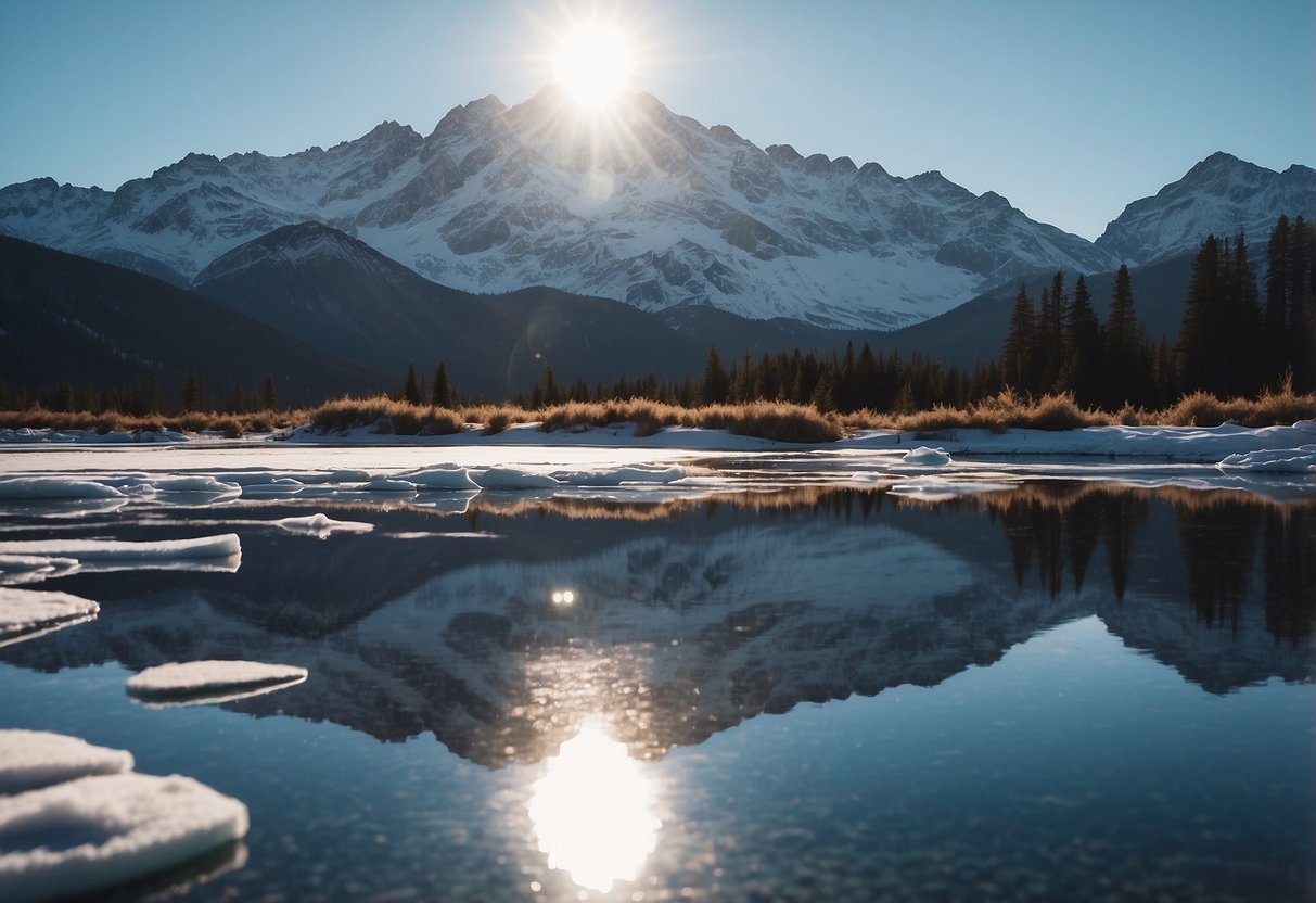 Snow-covered mountains rise above a vast ice field, reflecting the soft glow of the winter sun. Rocky terrain and frozen lakes create a serene, otherworldly landscape