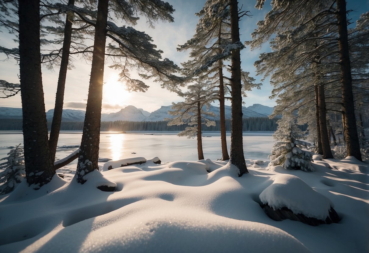 Snow-covered pine trees and frozen lakes in Sarek National Park, Sweden. A serene winter landscape perfect for backpacking