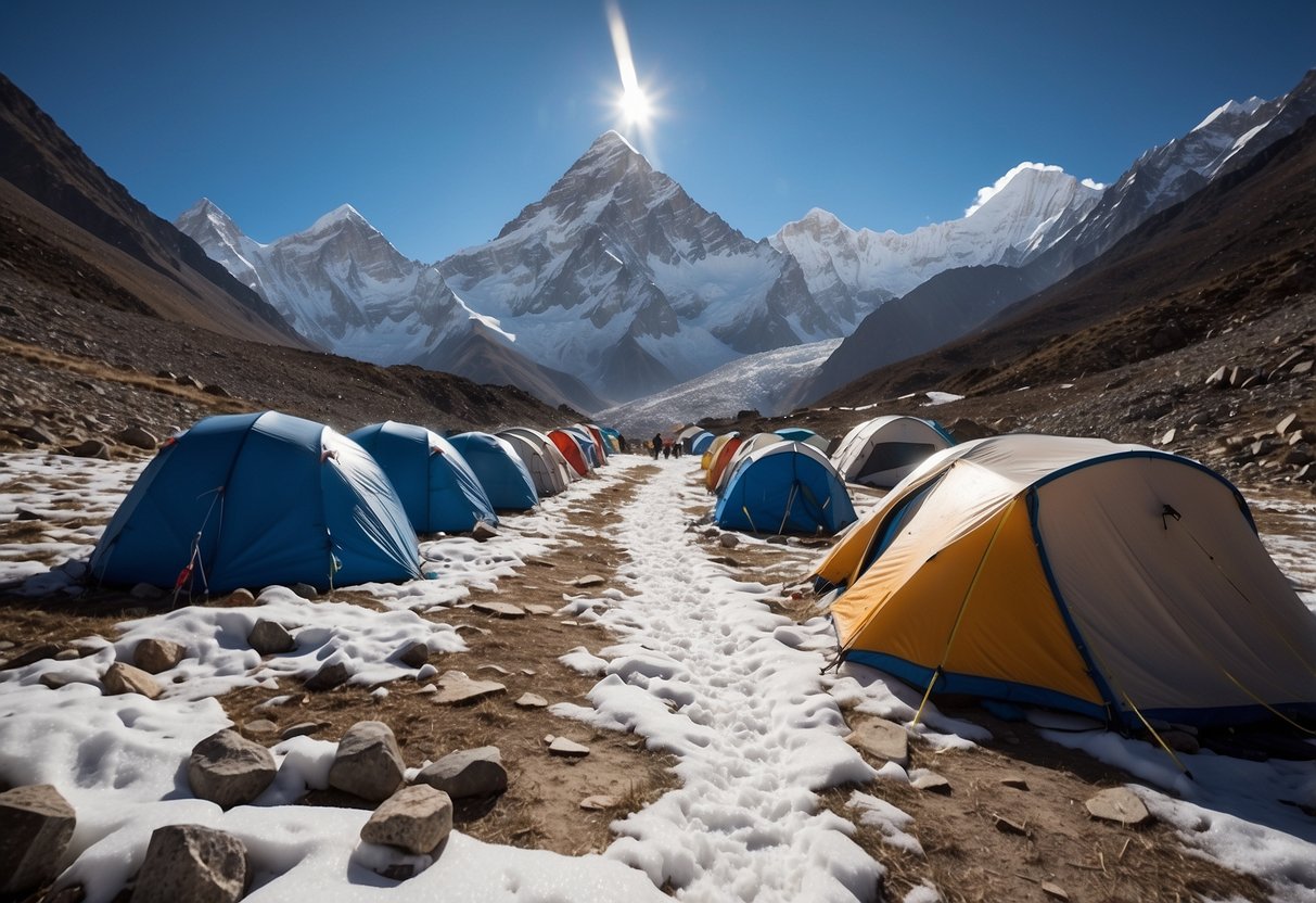 Snow-covered tents at Everest Base Camp, surrounded by towering peaks and a clear blue sky