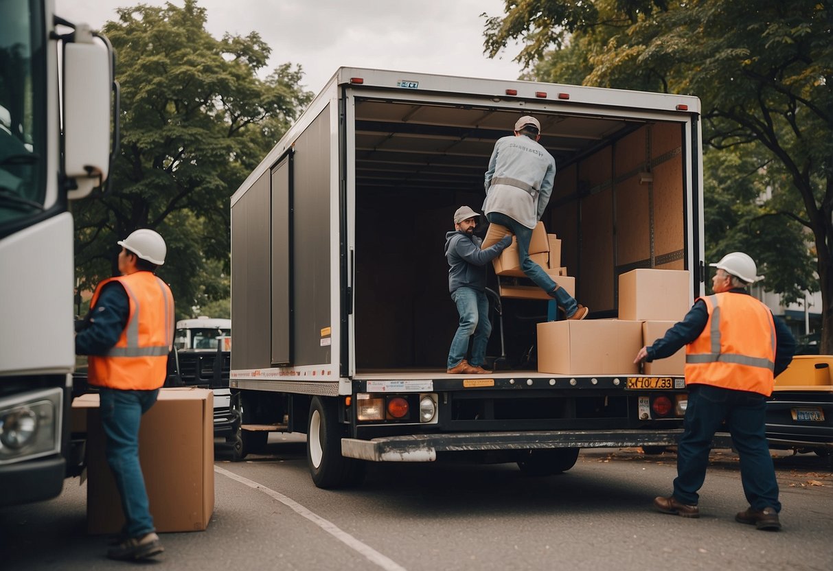 Furniture being loaded onto a truck, with people handing off chairs and tables