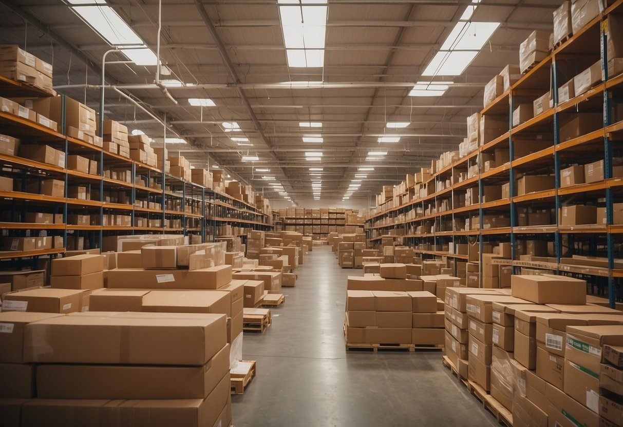 The grand furniture warehouse is filled with towering shelves and stacked furniture, bathed in warm light from the skylights above