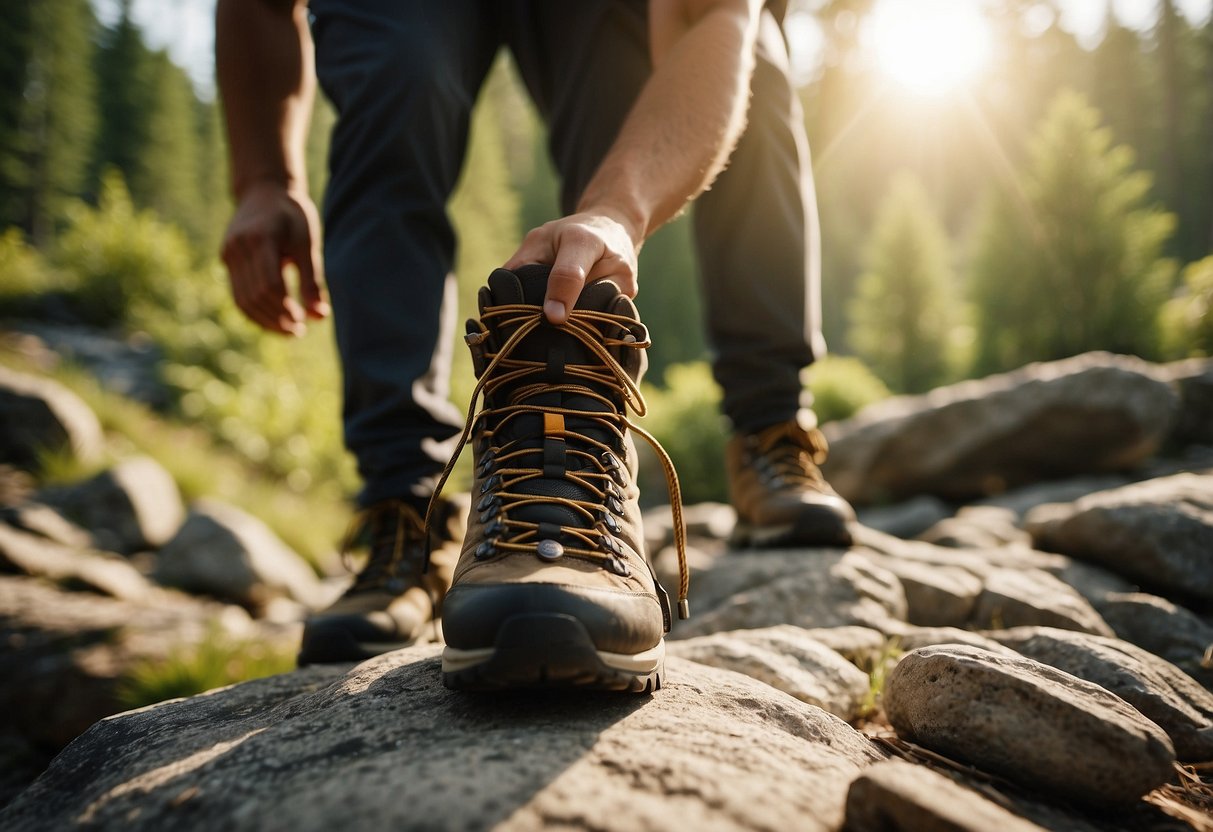 Hiking boots on a rocky trail, with a hiker applying moleskin to a blister-prone area. A backpack and water bottle are nearby. The sun is shining through the trees