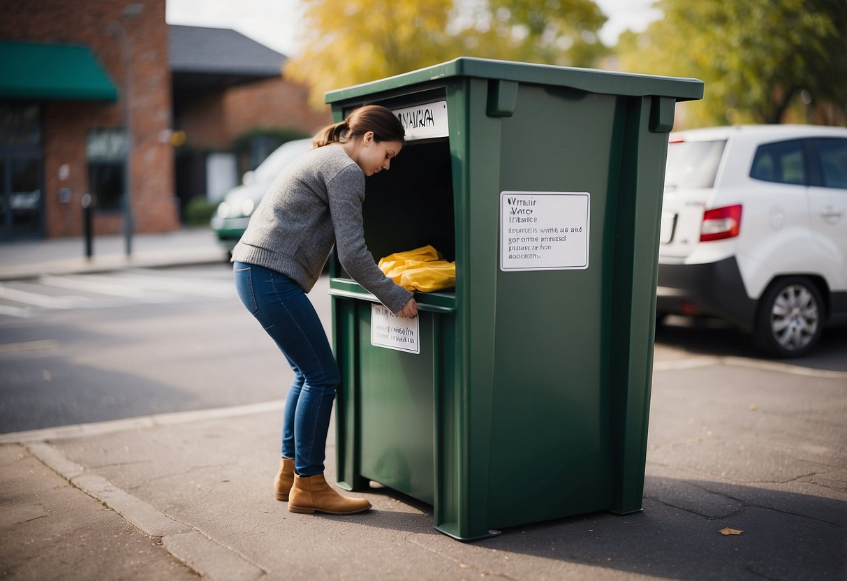 A person placing furniture items in a donation bin outside a charity organization