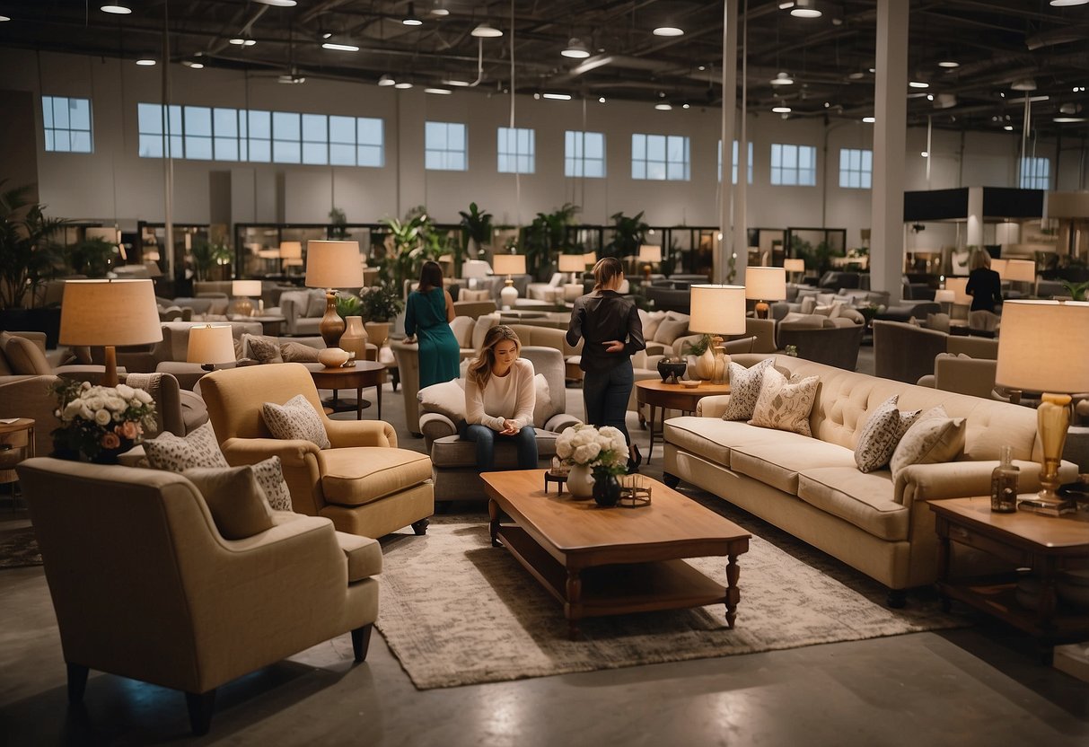 Customers browsing through rows of elegant sofas, luxurious beds, and stylish dining sets in Grand Furniture's expansive warehouse