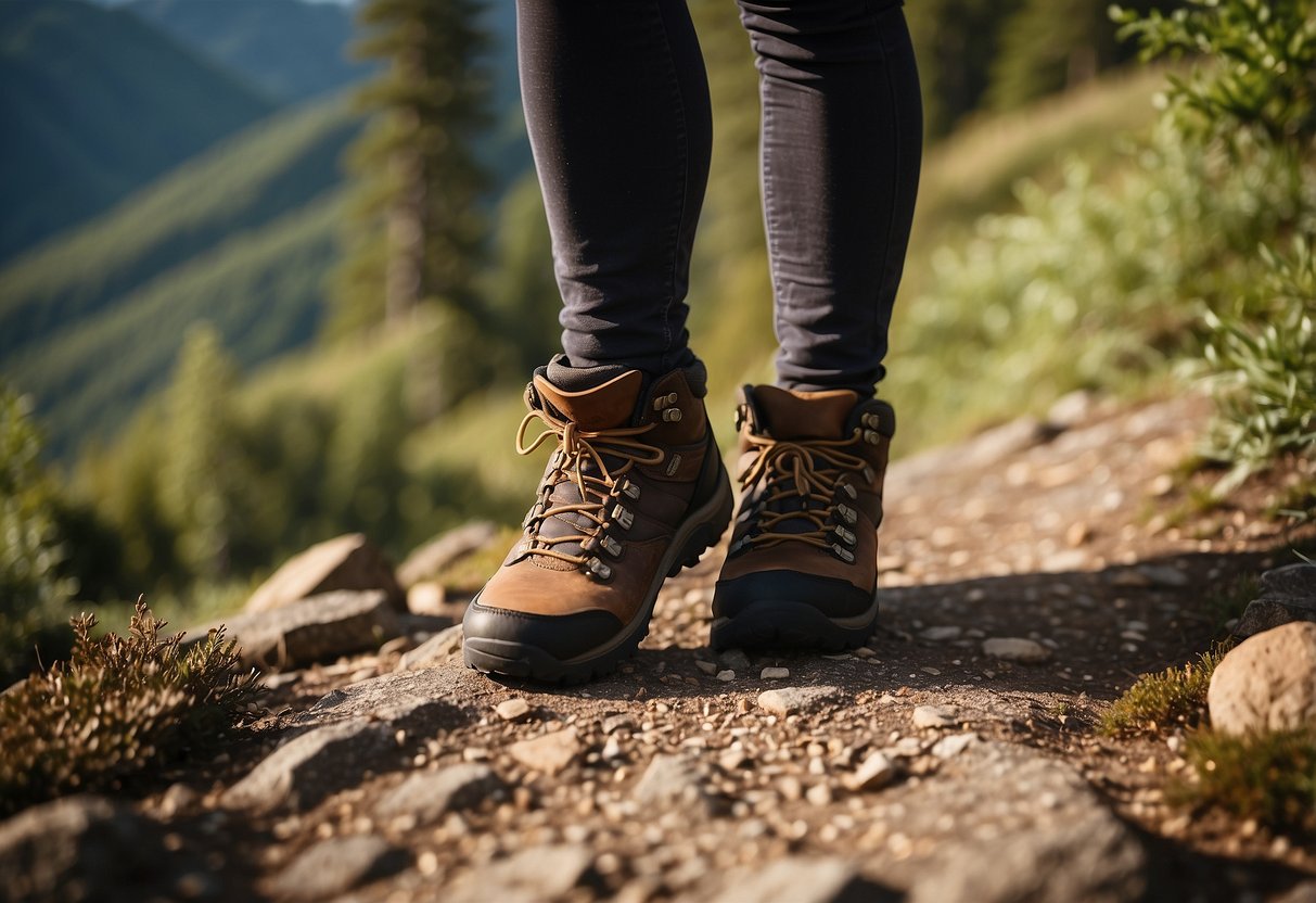 A hiker's feet in new boots, walking on a trail with gradual steps. Surrounding landscape of trees and mountains