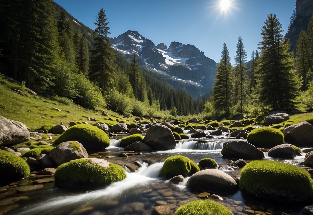 Crystal clear stream flows through lush green forest, surrounded by towering mountains and blue skies. A pristine lake reflects the sunlight, nestled among rocky terrain. A trickling waterfall cascades down moss-covered rocks