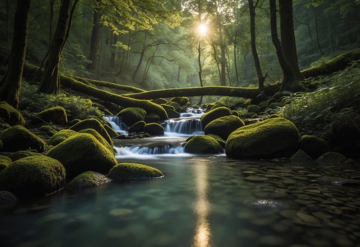 A serene forest scene with a bubbling stream, a crystal-clear lake, a trickling waterfall, a natural spring, and a glistening dew-covered leaf