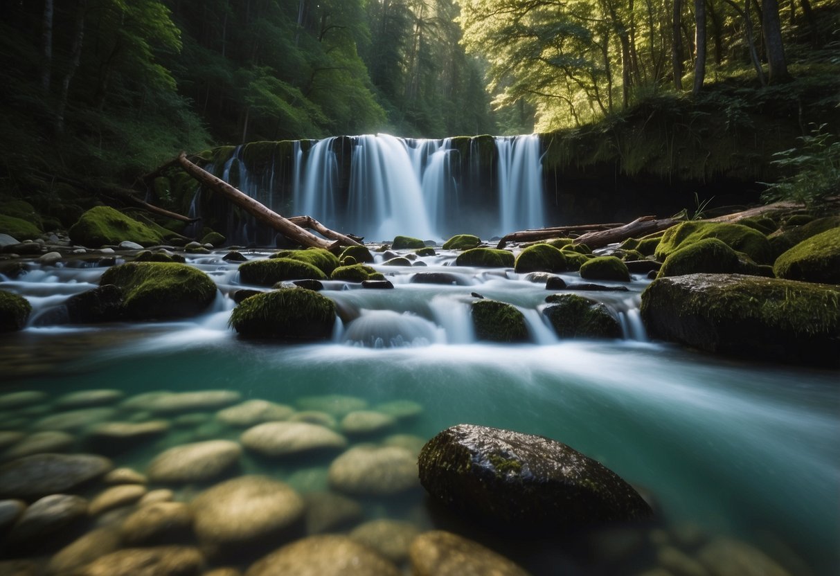 Clear streams flowing through lush forest, a gushing waterfall, a pristine mountain lake, a bubbling natural spring, and a tranquil river cutting through the wilderness