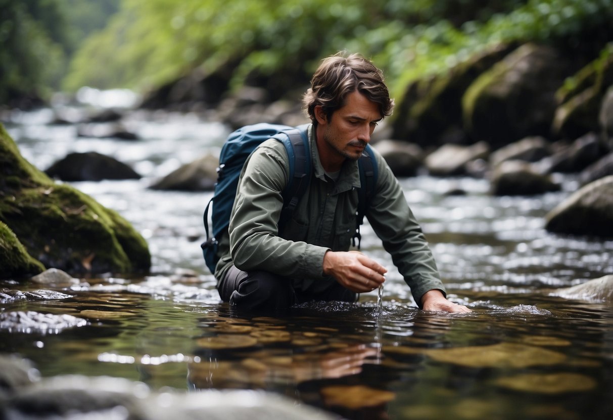 A backpacker collects rainwater from a clear mountain stream, a trickling spring, a dew-covered leaf, a natural rock pool, and a makeshift tarpaulin catchment