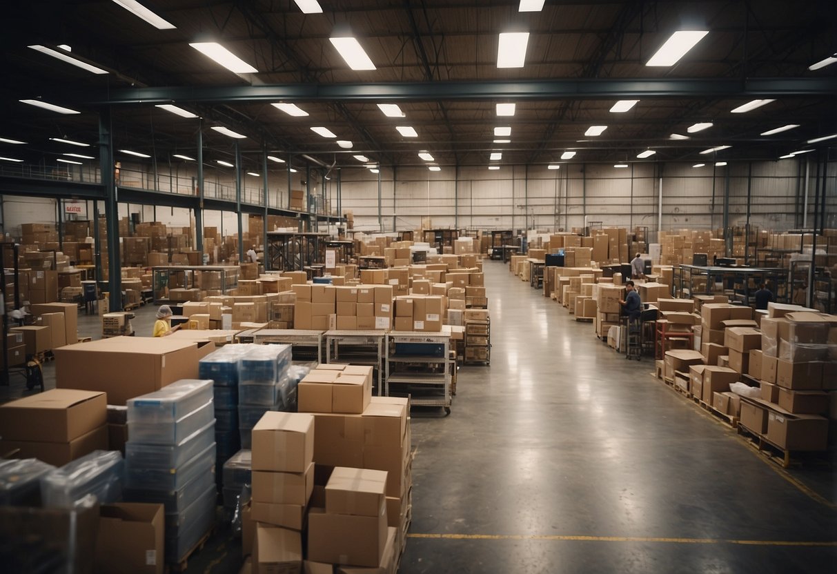 A bustling warehouse filled with towering shelves of furniture, with customers and staff moving about, and signs displaying "Frequently Asked Questions" prominently