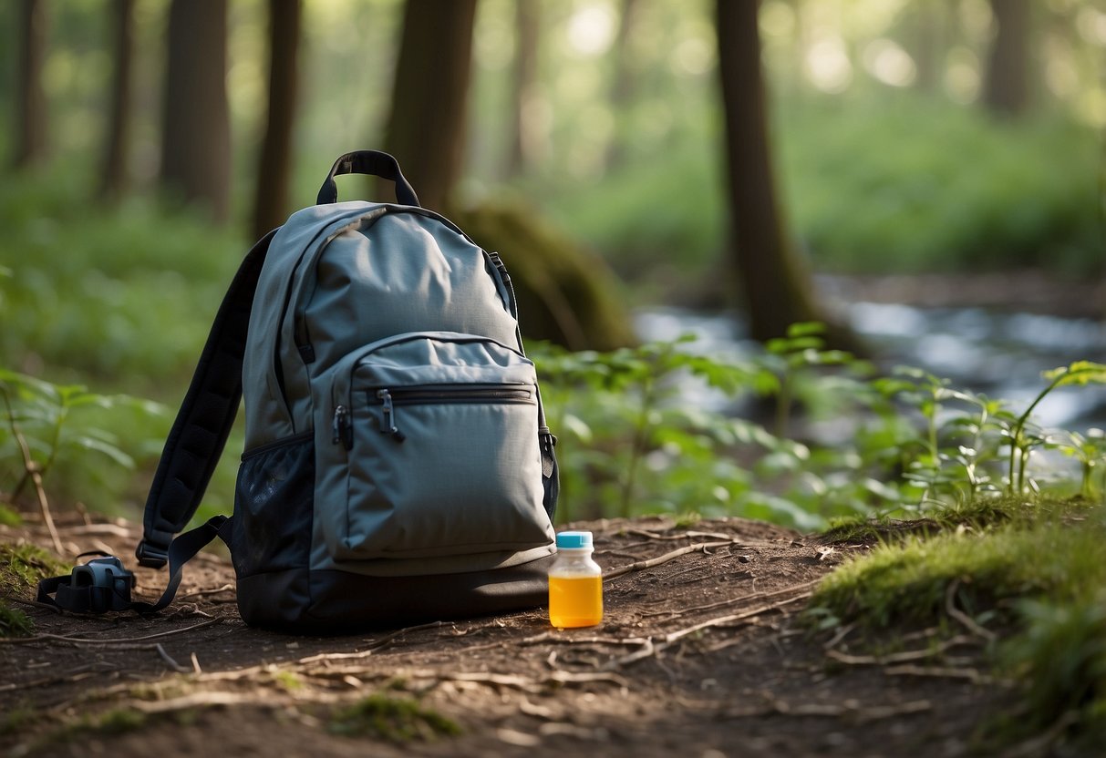 A backpack sits on the ground surrounded by untouched nature. A water bottle, map, and snack wrapper are neatly placed nearby. No sign of human presence remains