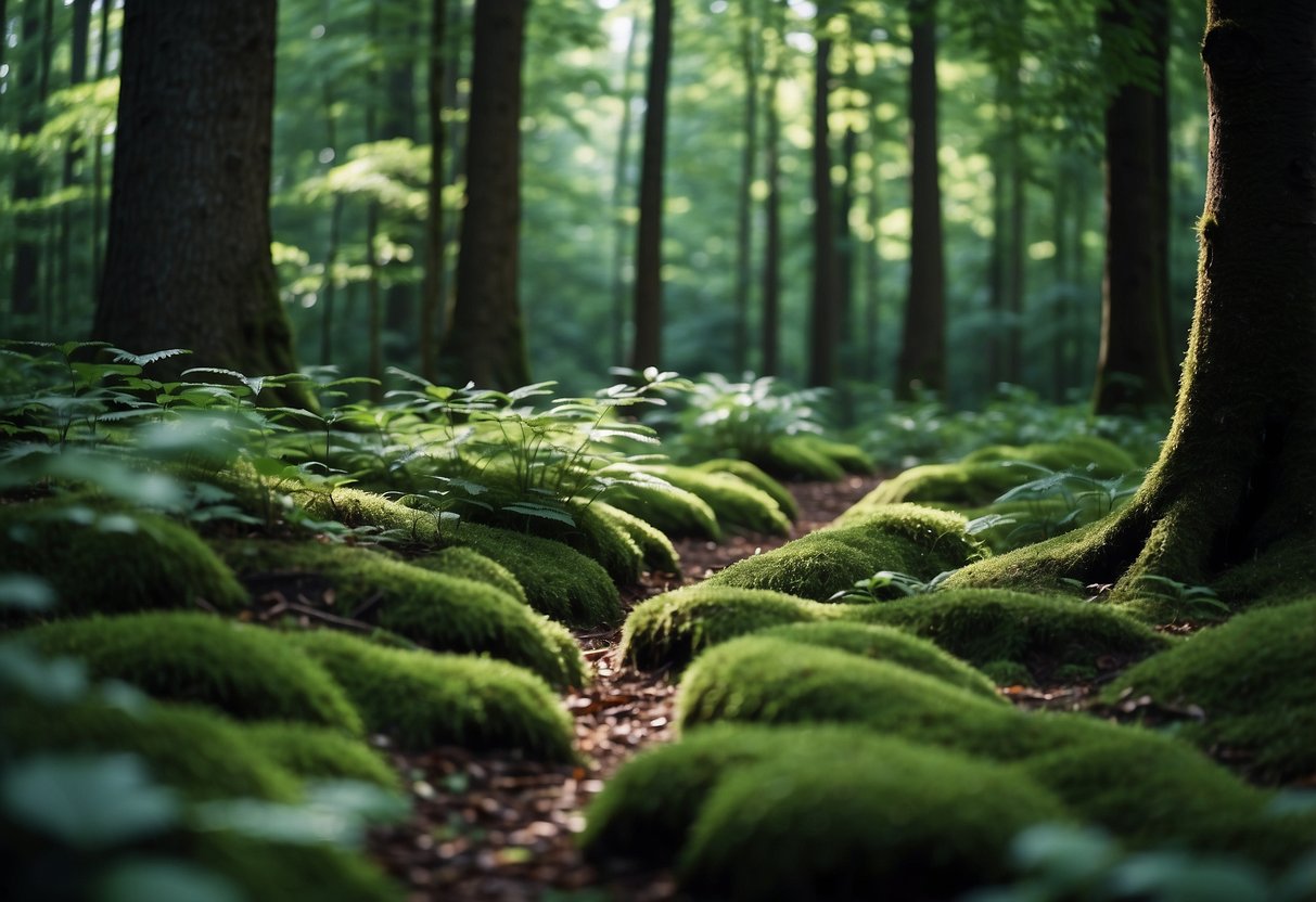 Lush forest floor with vibrant green foliage, a clear path weaving through without any signs of disturbance