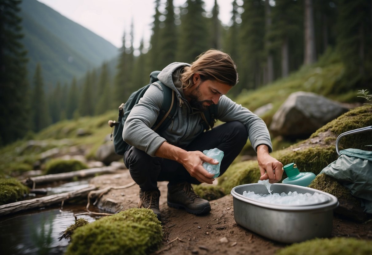 A backpacker uses biodegradable soap to wash dishes in a pristine wilderness campsite, carefully following Leave No Trace principles