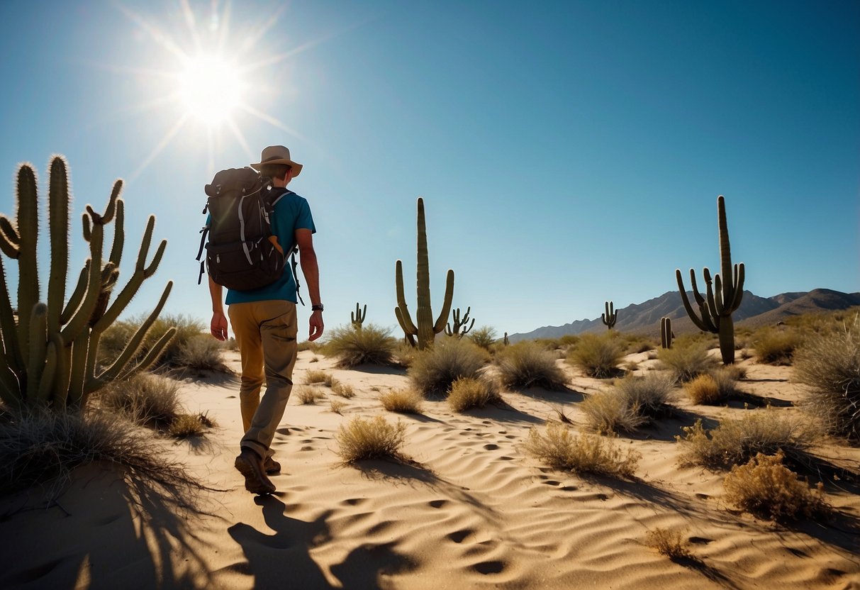 A desert landscape with a clear blue sky, sun beating down on a lone backpacker trekking through sandy dunes. Cacti and dry brush dot the horizon, while the hiker shields their face from the intense heat