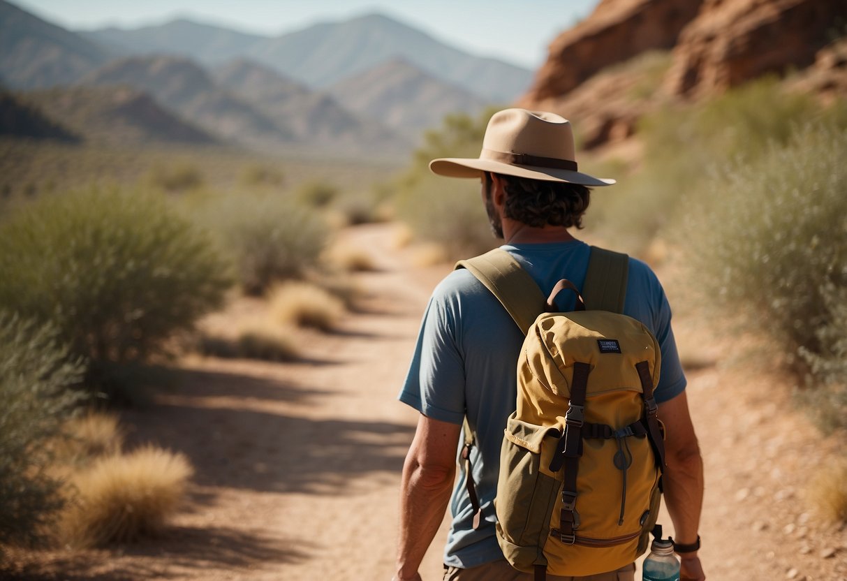 A hiker in a wide-brimmed hat and loose, airy clothing walks along a dusty trail under the scorching sun, with a lightweight backpack and a water bottle strapped to their side