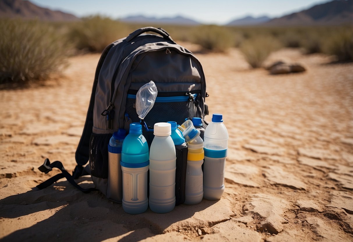 A backpack sits open on the ground, filled with water bottles and electrolyte tablets. The sun beats down on the arid landscape, as a trail disappears into the distance