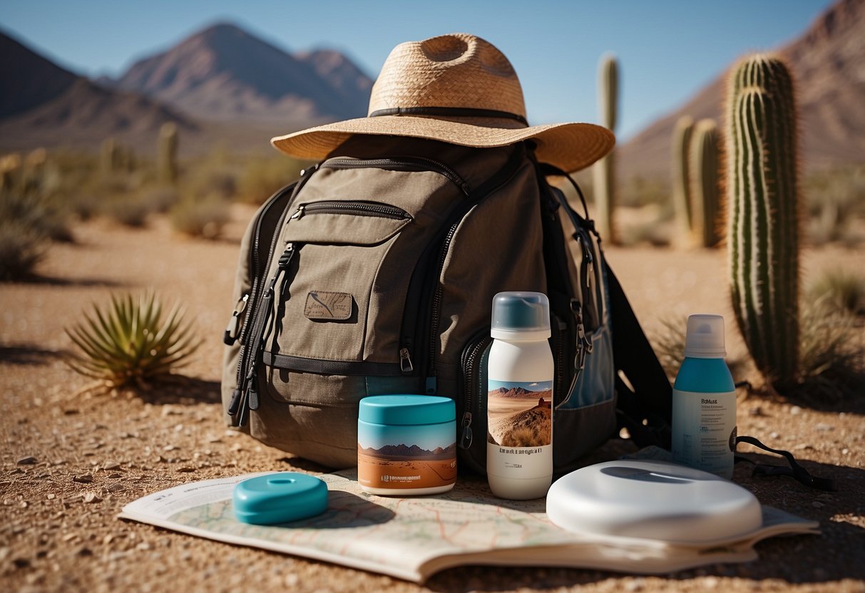 A wide-brimmed hat sits atop a backpack, surrounded by sunscreen, water bottles, and a map. The sun beats down on a desert landscape, with cacti and a distant mountain range