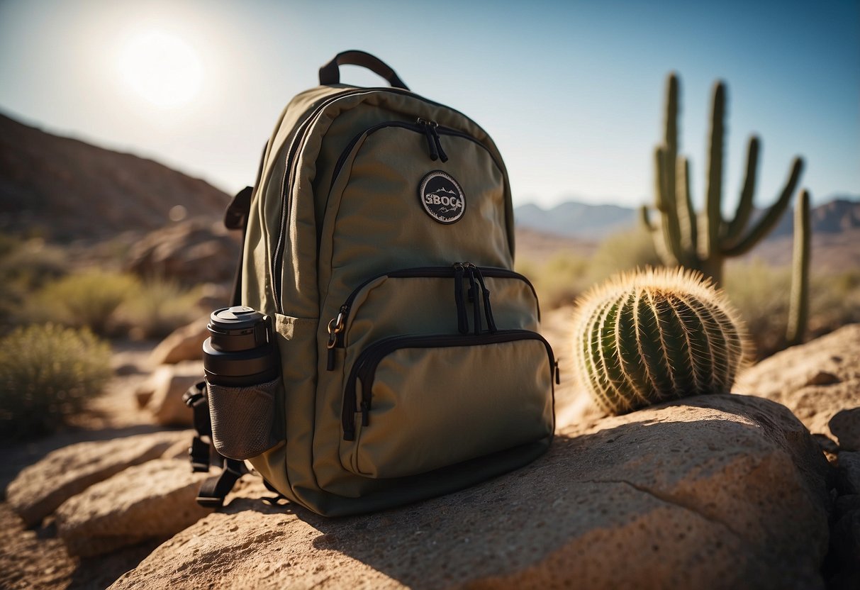 A backpack sits on a rock in the desert, surrounded by cacti and a scorching sun. A bottle of sunscreen with SPF 30 lays next to it, with the tips for backpacking in hot weather printed on a piece of paper