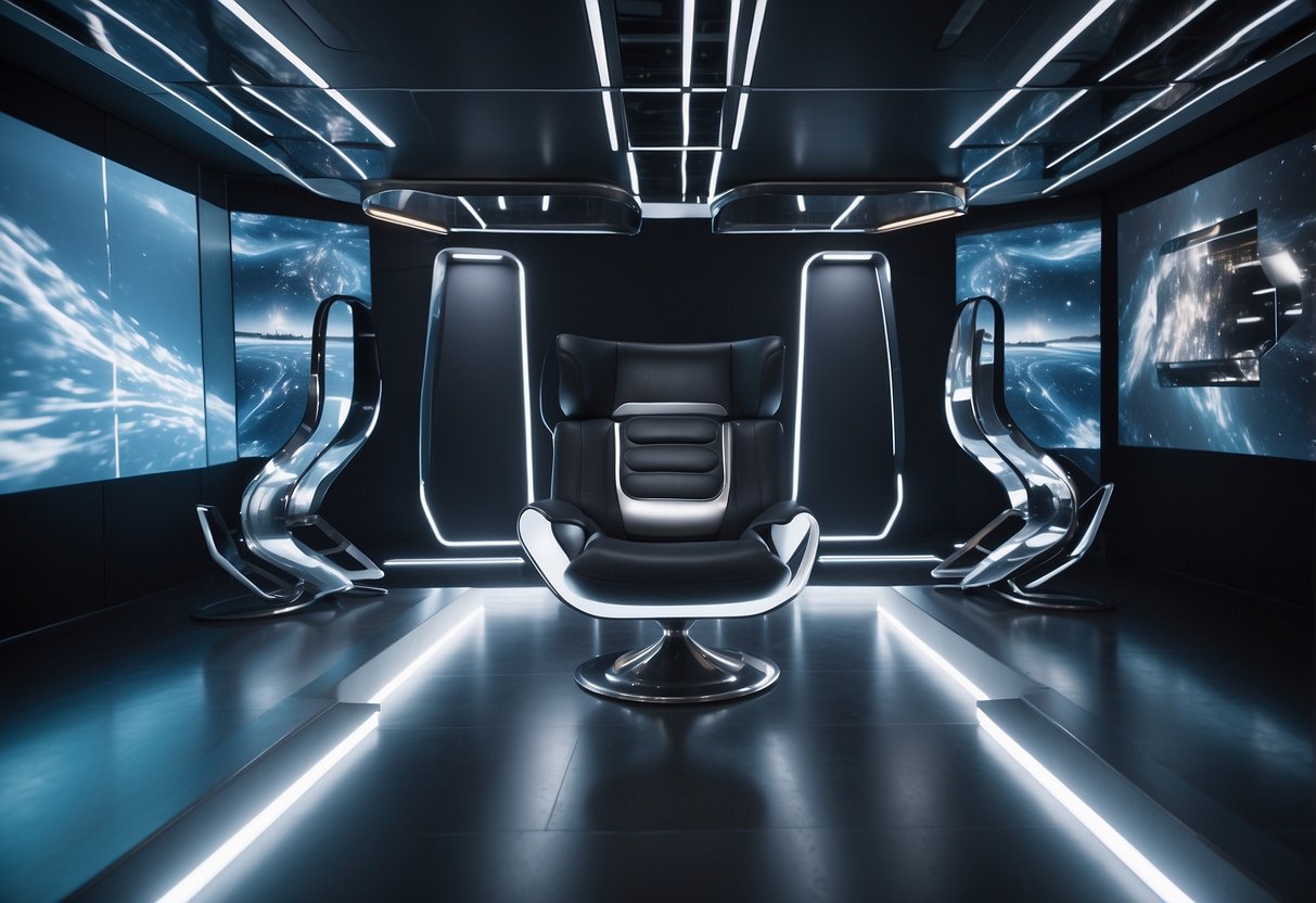 A sleek, futuristic chair floats in a zero-gravity room, surrounded by holographic screens displaying virtual furniture designs