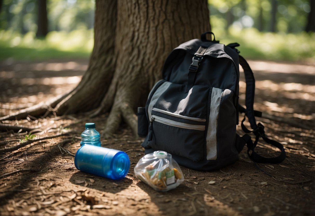 A hiker's backpack lies in the shade of a large tree, with a water bottle and snacks nearby. The sun beats down on the trail ahead