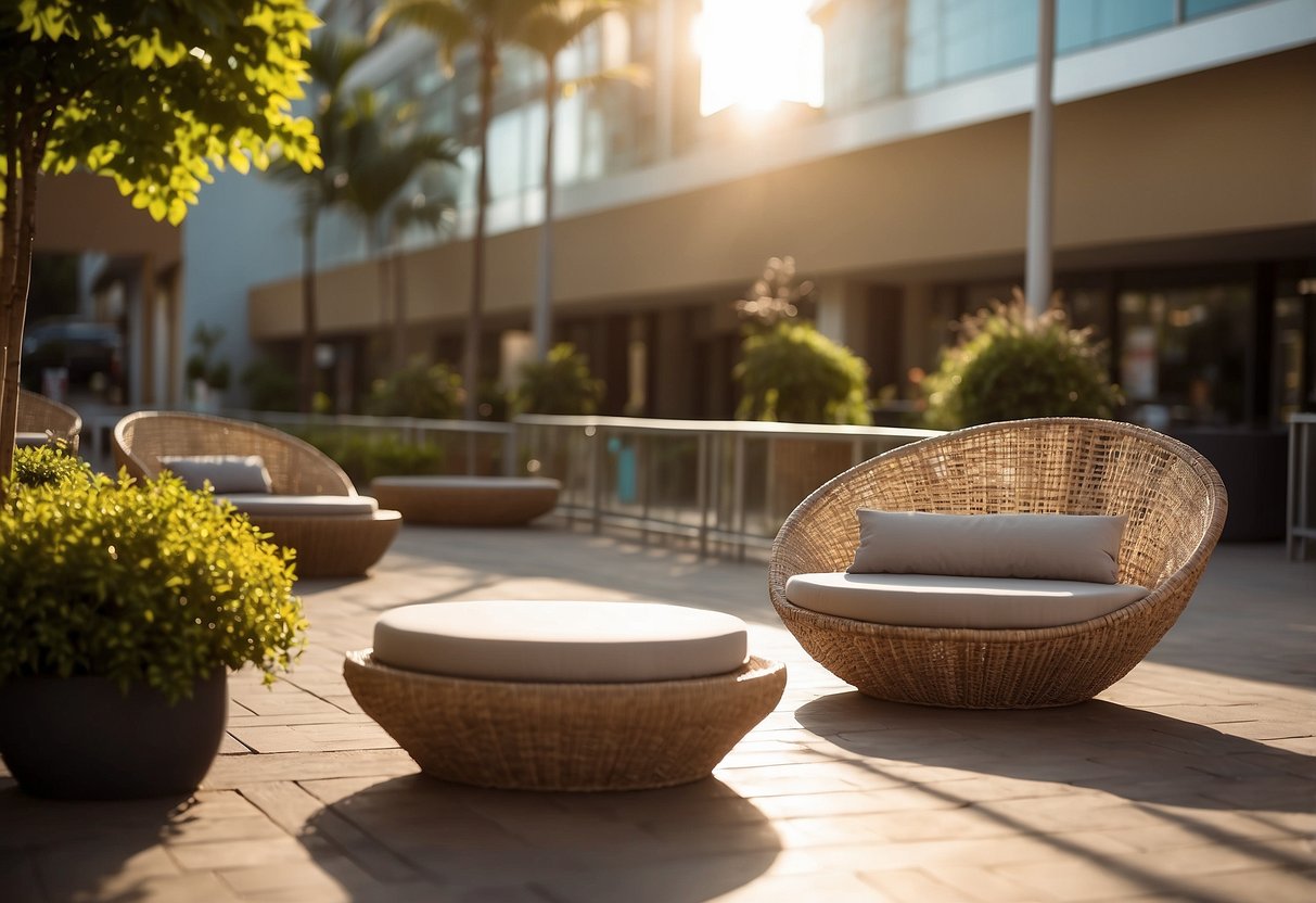 The sun shines on a modern outdoor furniture display at Sun Plaza