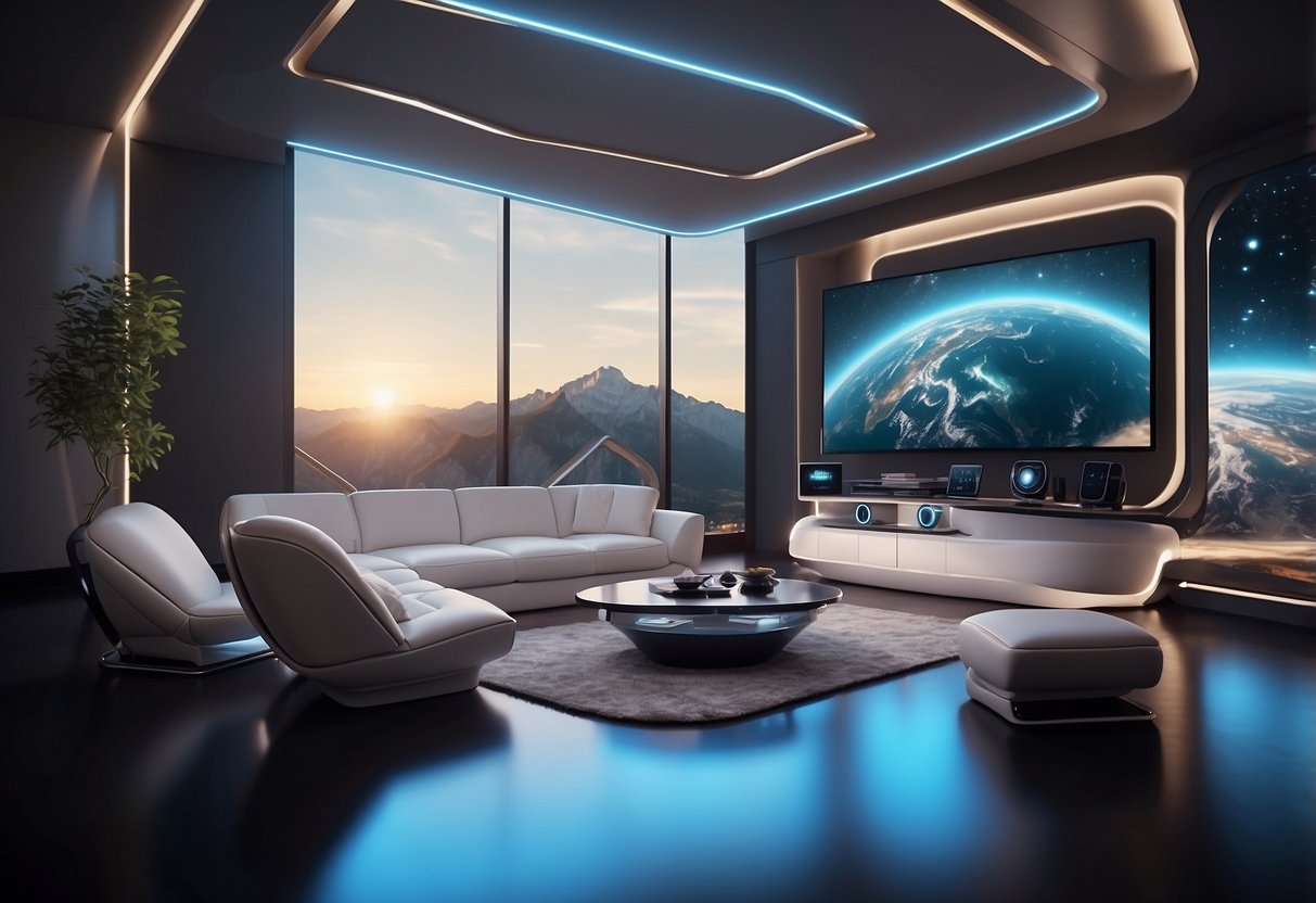 A futuristic living room with sleek, modular furniture floating in zero gravity, surrounded by holographic screens displaying virtual reality landscapes