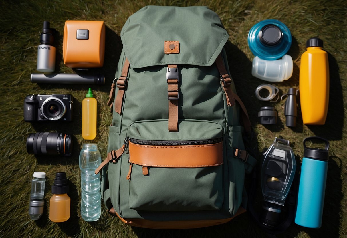 A backpack with 5 multi-tools laid out on a flat surface, surrounded by outdoor gear like a compass, flashlight, and water bottle