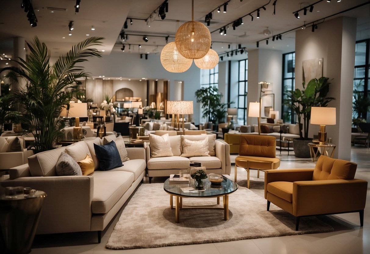 A bustling furniture showroom at Sun Plaza, with customers browsing through a wide array of stylish and modern pieces