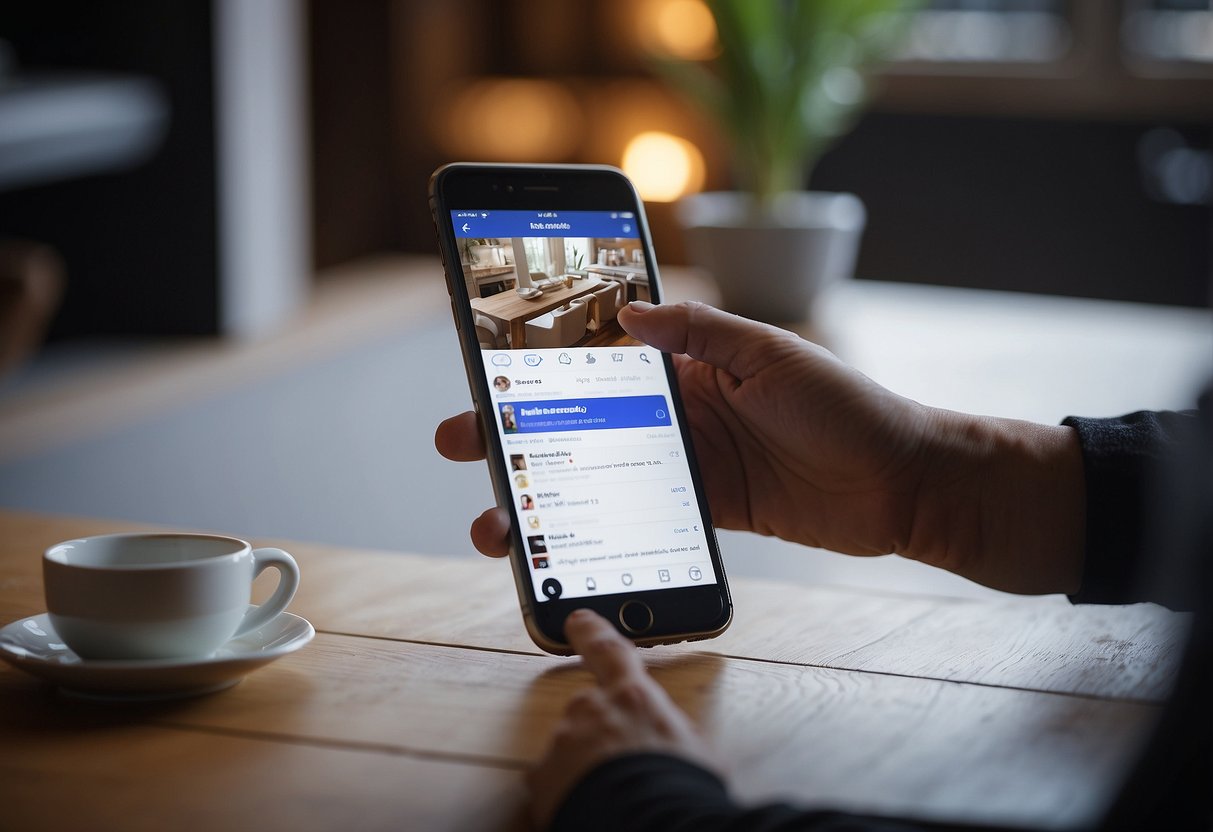 A hand scrolling through Facebook Marketplace, selecting space furniture for purchase