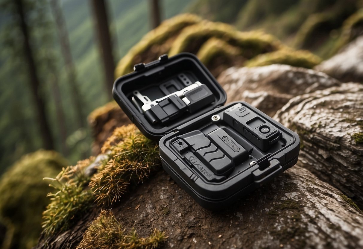 The SOG PowerLock EOD multi-tool lies open on a backpacking trail, surrounded by rugged terrain and essential outdoor gear