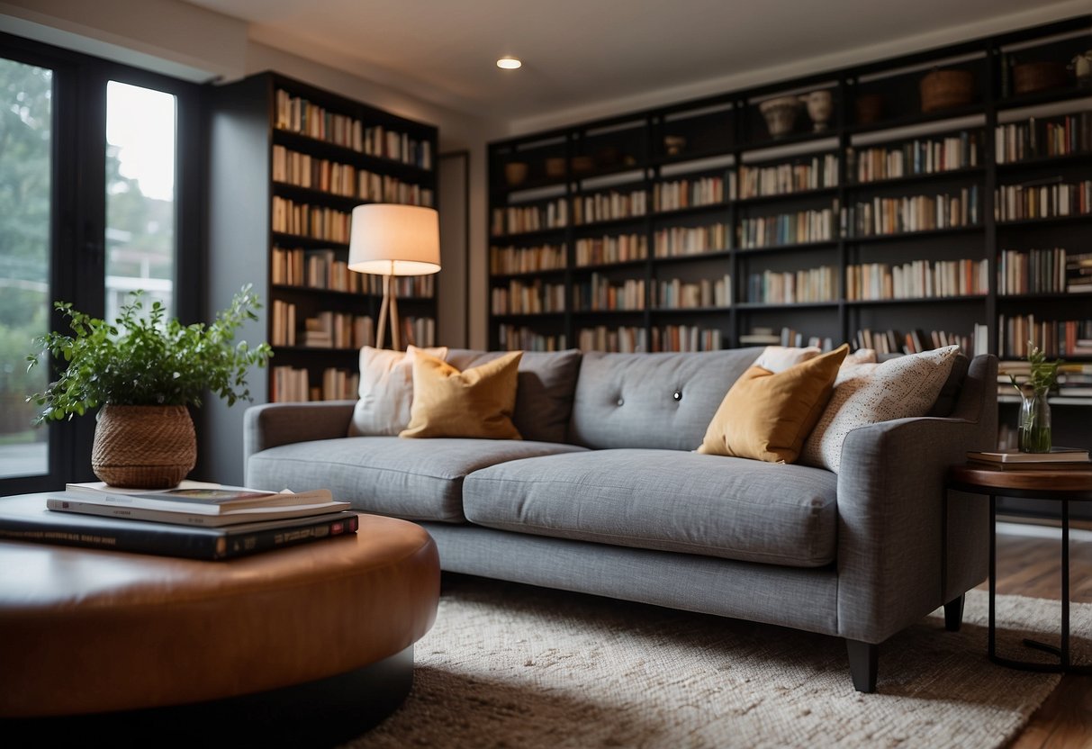 A cozy living room with a modern sofa and a sleek coffee table, surrounded by bookshelves filled with various literature. A laptop sits open on the table, displaying a Facebook page for a furniture company