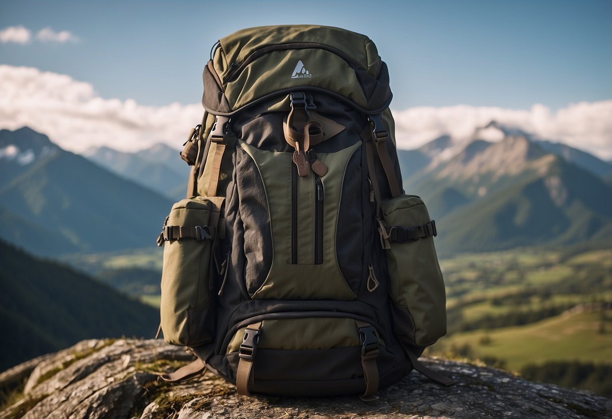 A backpack lies open, revealing multi-tools with various features. A mountain landscape is visible in the background