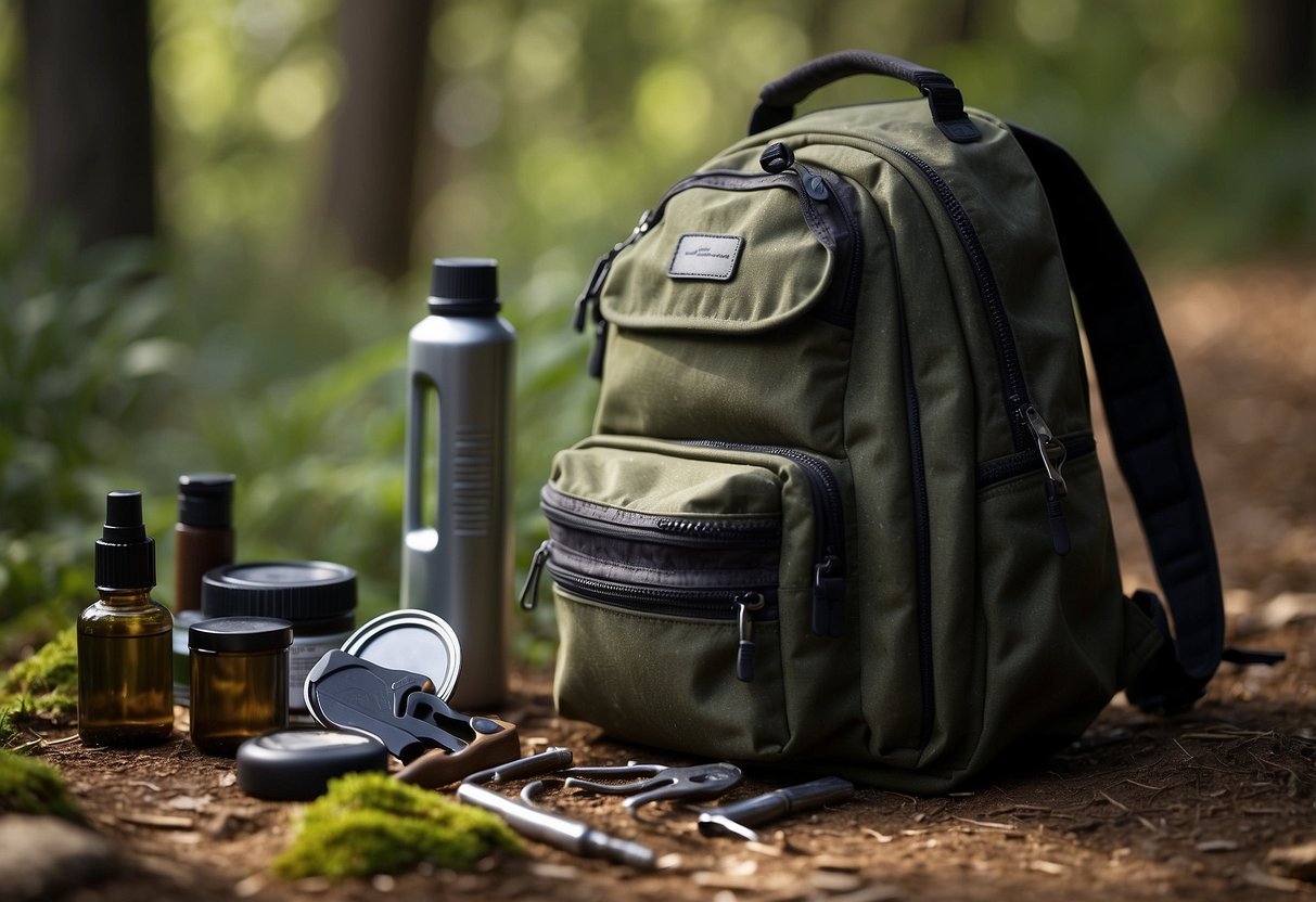 A backpack lies open on the ground, revealing a set of multi-tools neatly arranged inside. A small brush and oil canister sit nearby, ready for maintenance