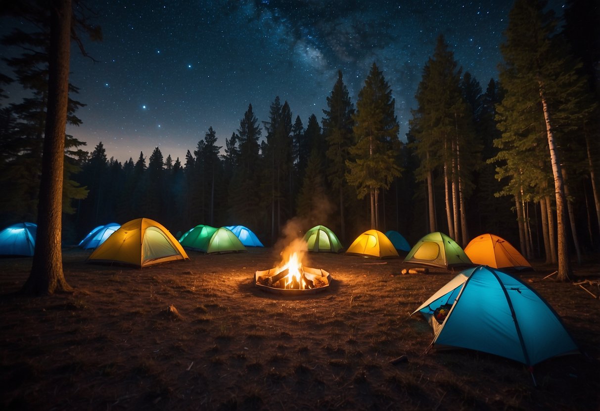 A tranquil forest clearing with colorful tents scattered around a crackling campfire, surrounded by towering trees and a starry night sky above