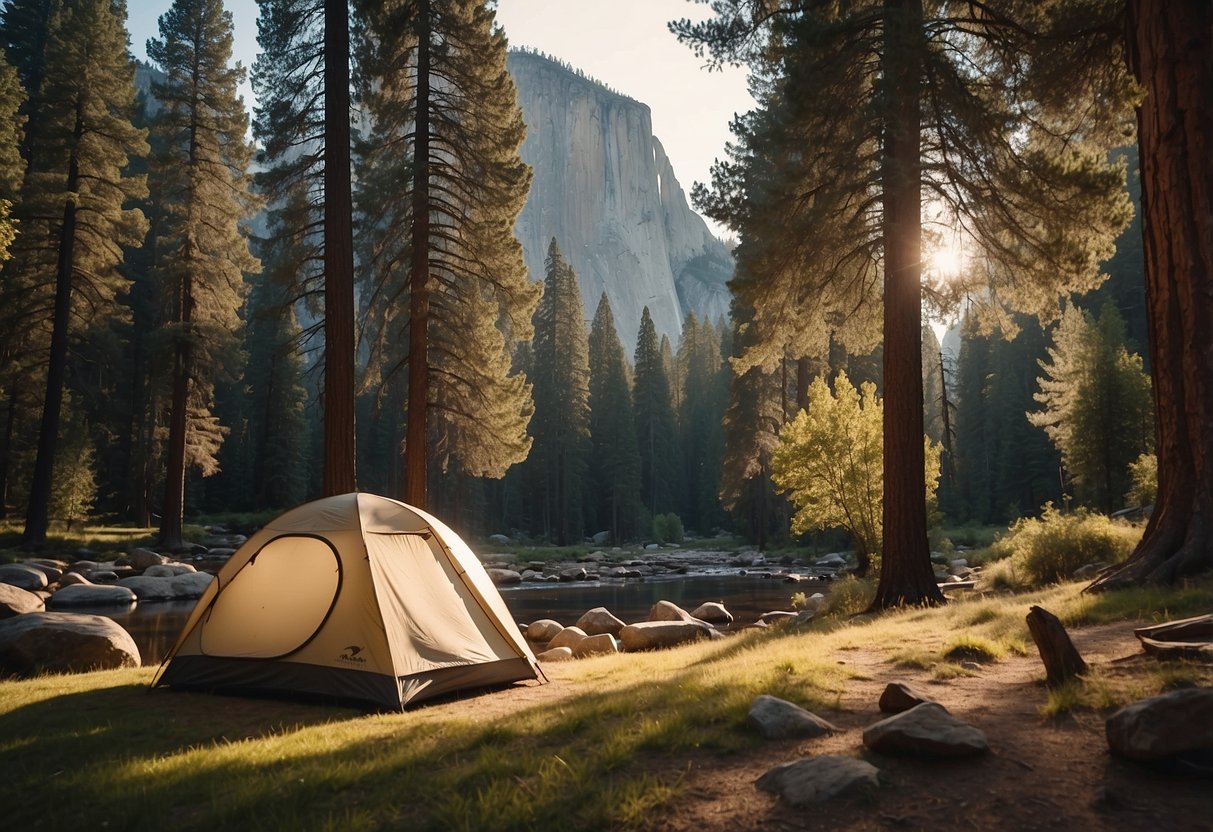 A serene campsite nestled in the Yosemite Creek, surrounded by towering trees and a babbling brook, with spacious tent sites and fire pits