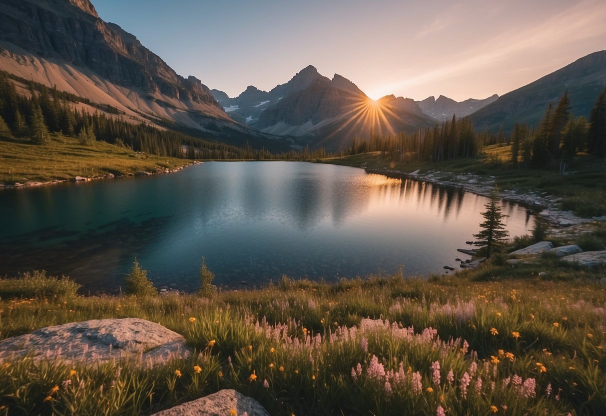 Sunset over rugged peaks, alpine meadows, and crystal-clear lakes in Glacier National Park, Montana