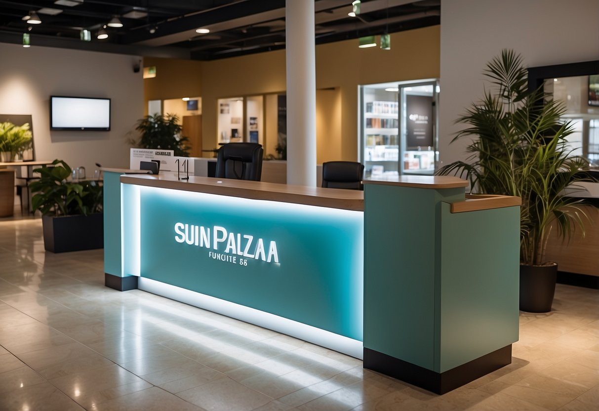 A bright and welcoming visitor information desk at Sun Plaza Furniture, with clear contact details displayed prominently
