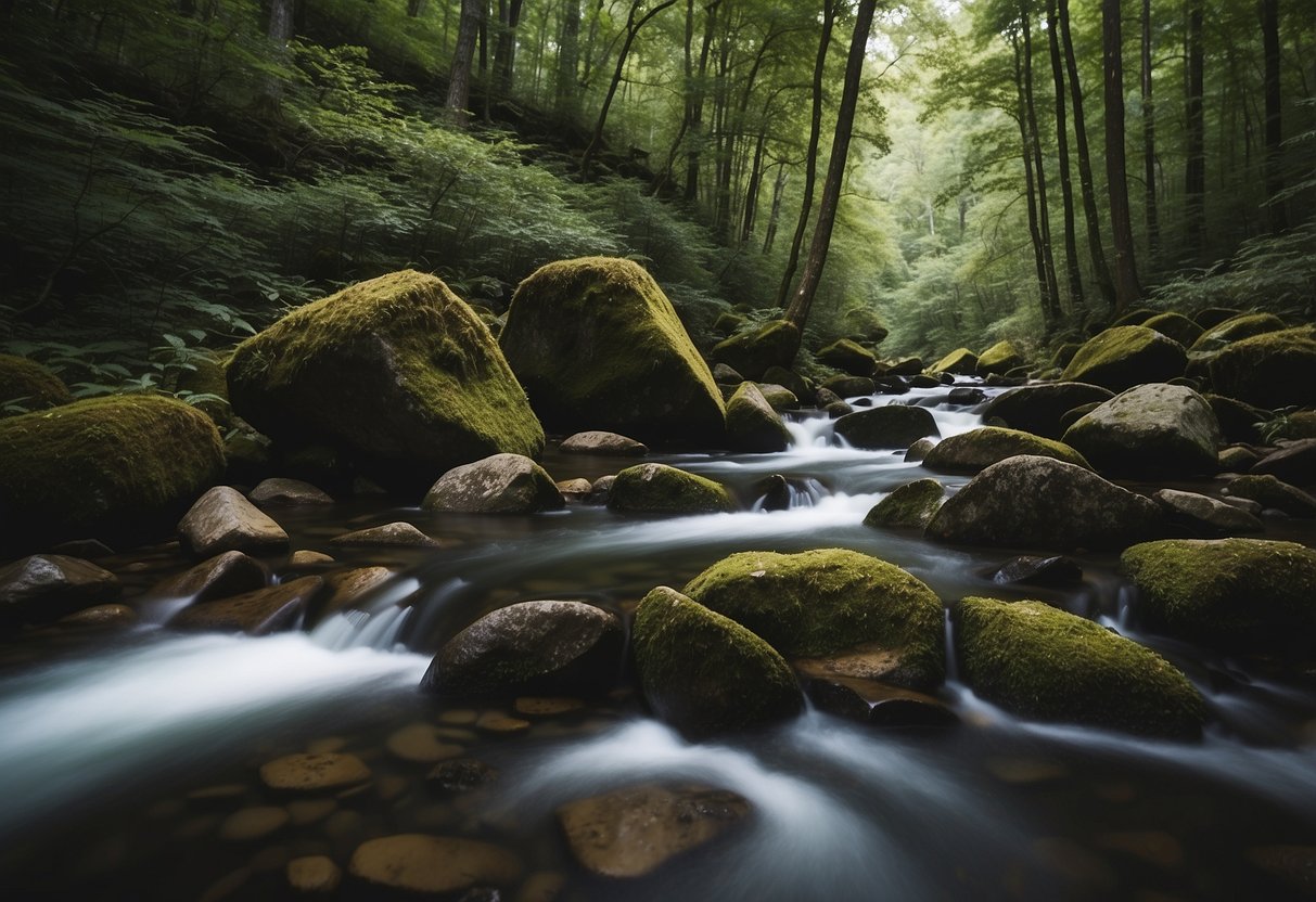 Lush forest, rolling hills, and flowing streams in Great Smoky Mountains, Tennessee. 10 backcountry campsites nestled among nature's beauty