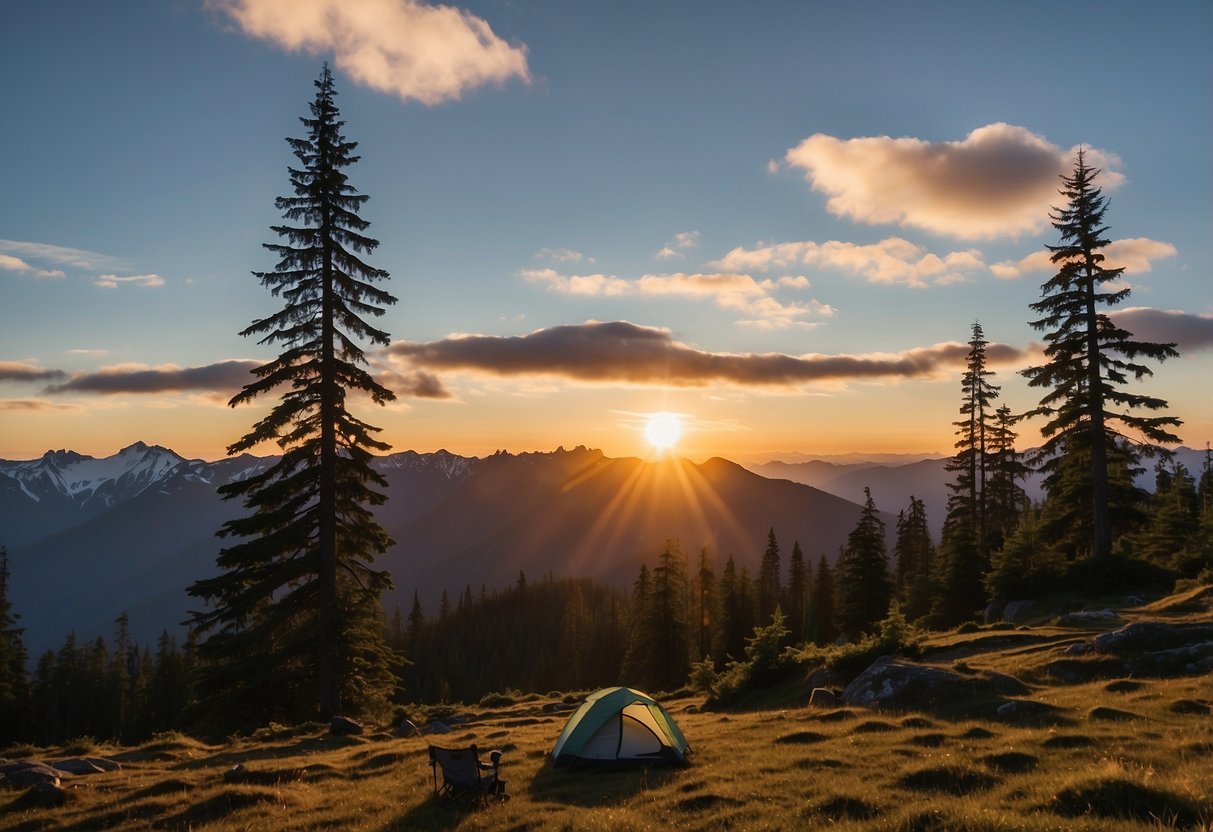 Sunset over Olympic National Park, with lush forests and snow-capped peaks. Backpackers setting up camp at one of the top 10 sites